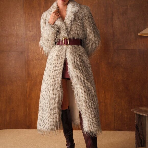 White Preppy Women's All Over Print Faux Fur Midi Coat - Picture 1 of 8